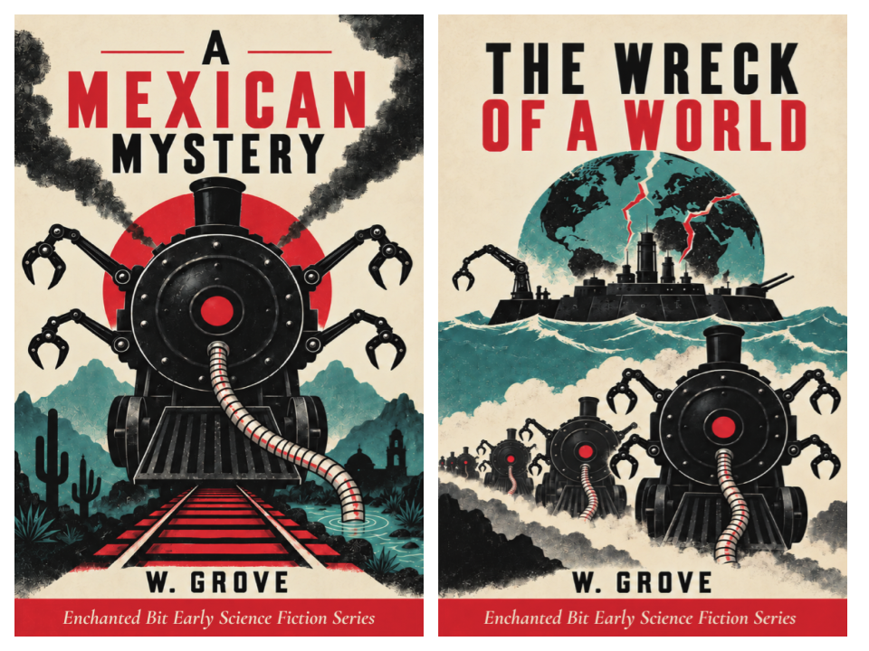 Front cover of the books 'A Mexican Mystery' and 'The Wreck of a World'