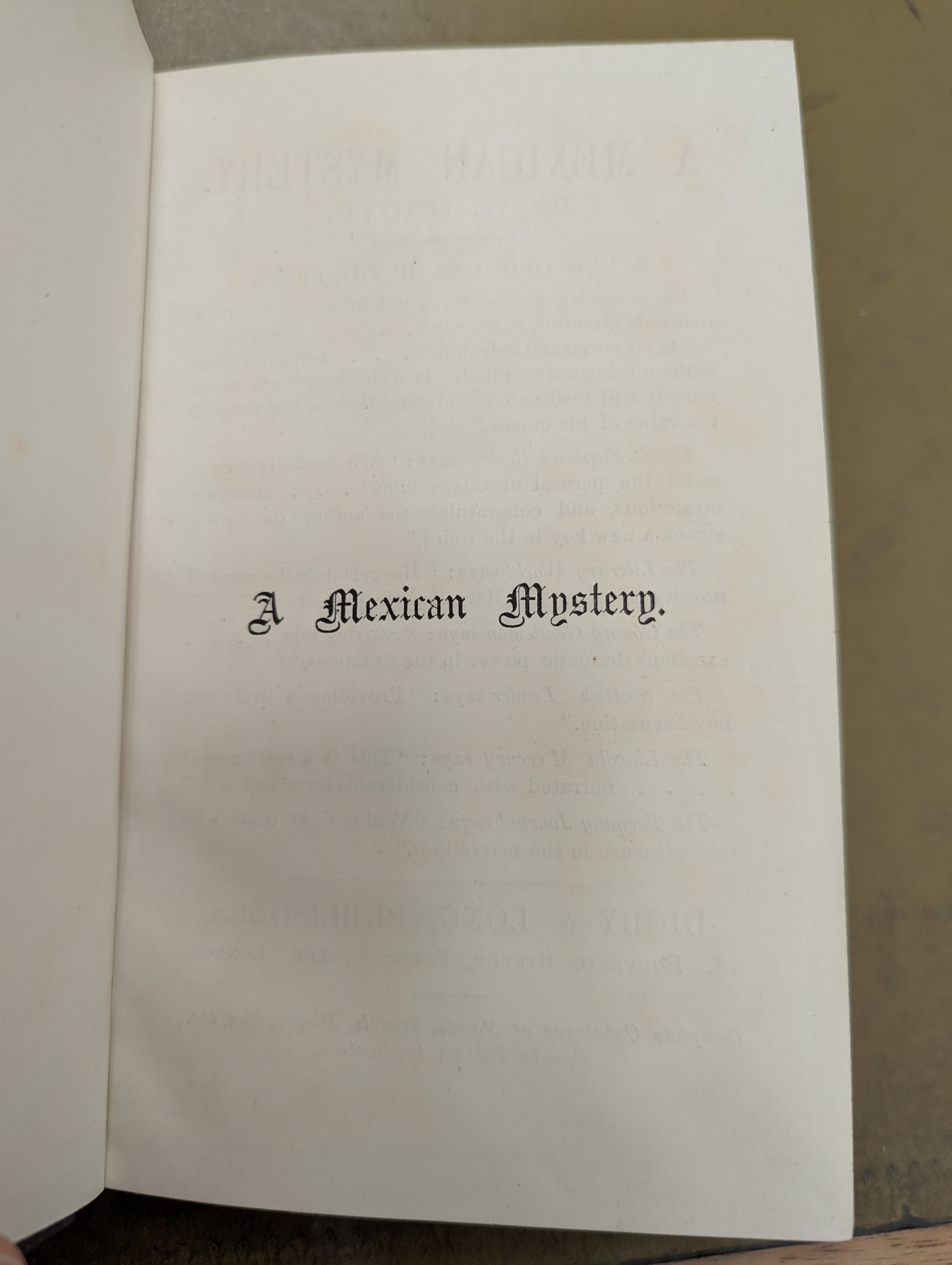 The half cover page from an original 1888 version of 'A Mexican Mystery'