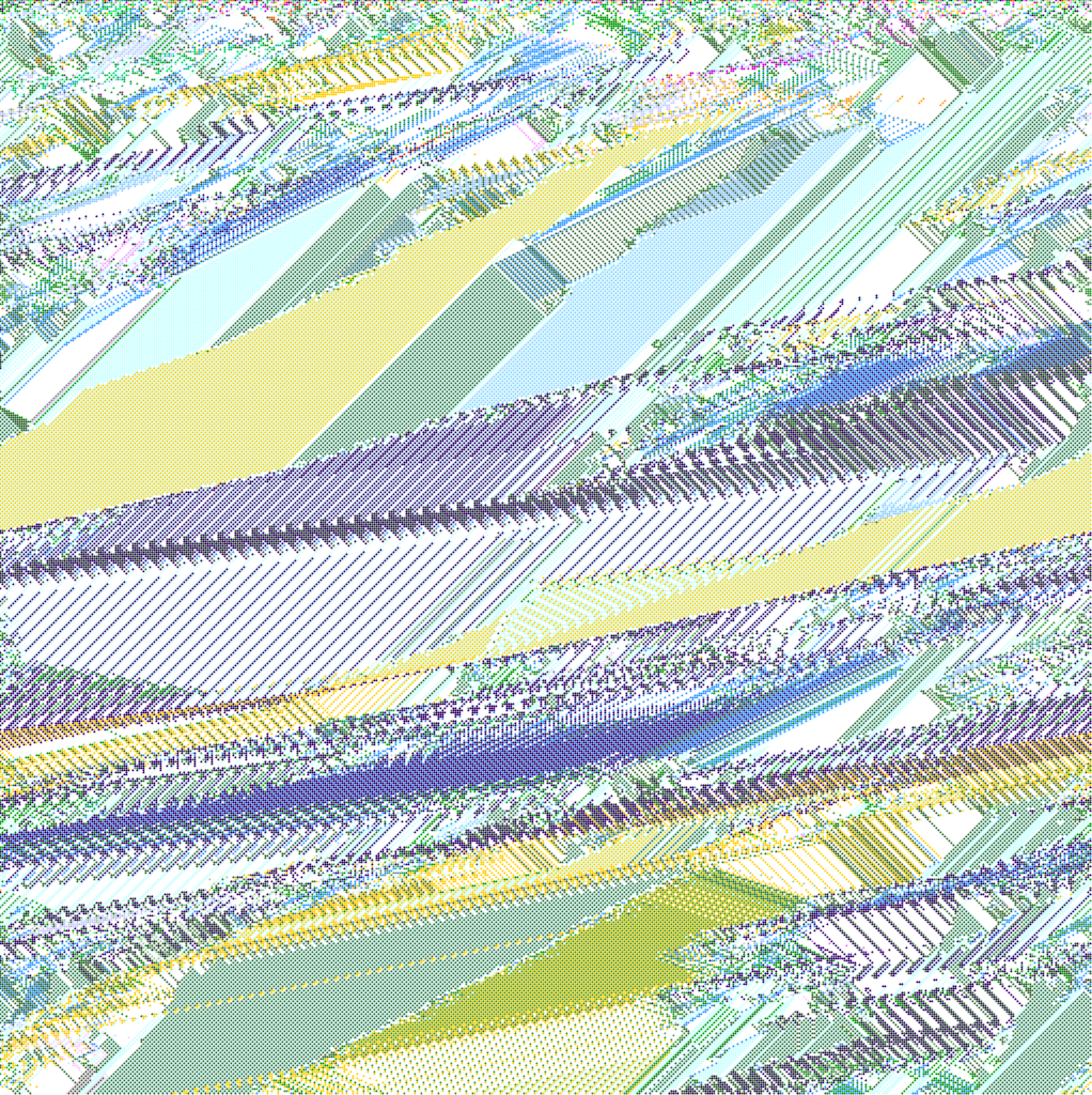 A sample output from a modern reimplementation of Barricelli’s symbioorganism experiments written by Alexander Galloway. Each horizontal strip of the image represents the state of the one-dimensional world at a given time. Each successive time-step of the system is plotted below the last, so the figure shows time advancing from the top to the bottom of the plot. The different colours represent different symbioorganisms, and their rise and fall over time can be seen in the expanding and contracting patterns they create in the plot.