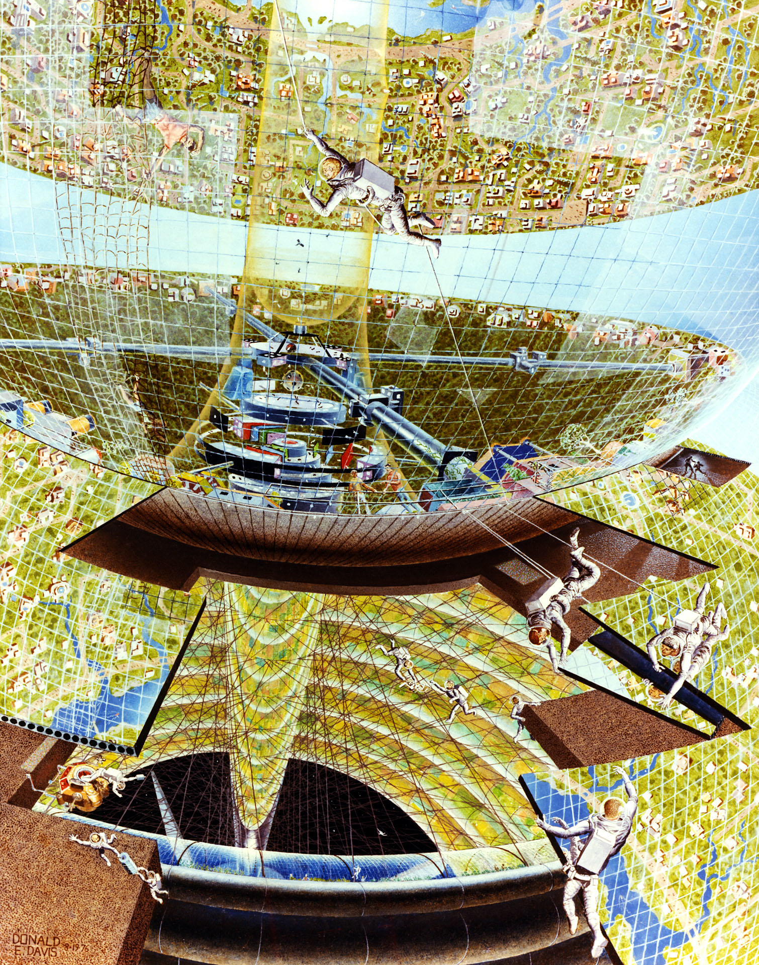 Concept art depicting the construction of a Bernal Sphere by Don Davis, prepared for the 1975 NASA Summer Study on Space Settlements (Johnson & Holbrow, 1977). This image is from a collection of art associated with the study. The full collection is available online at https://space.nss.org/settlement/nasa/70sArtHiRes/70sArt/art.html.