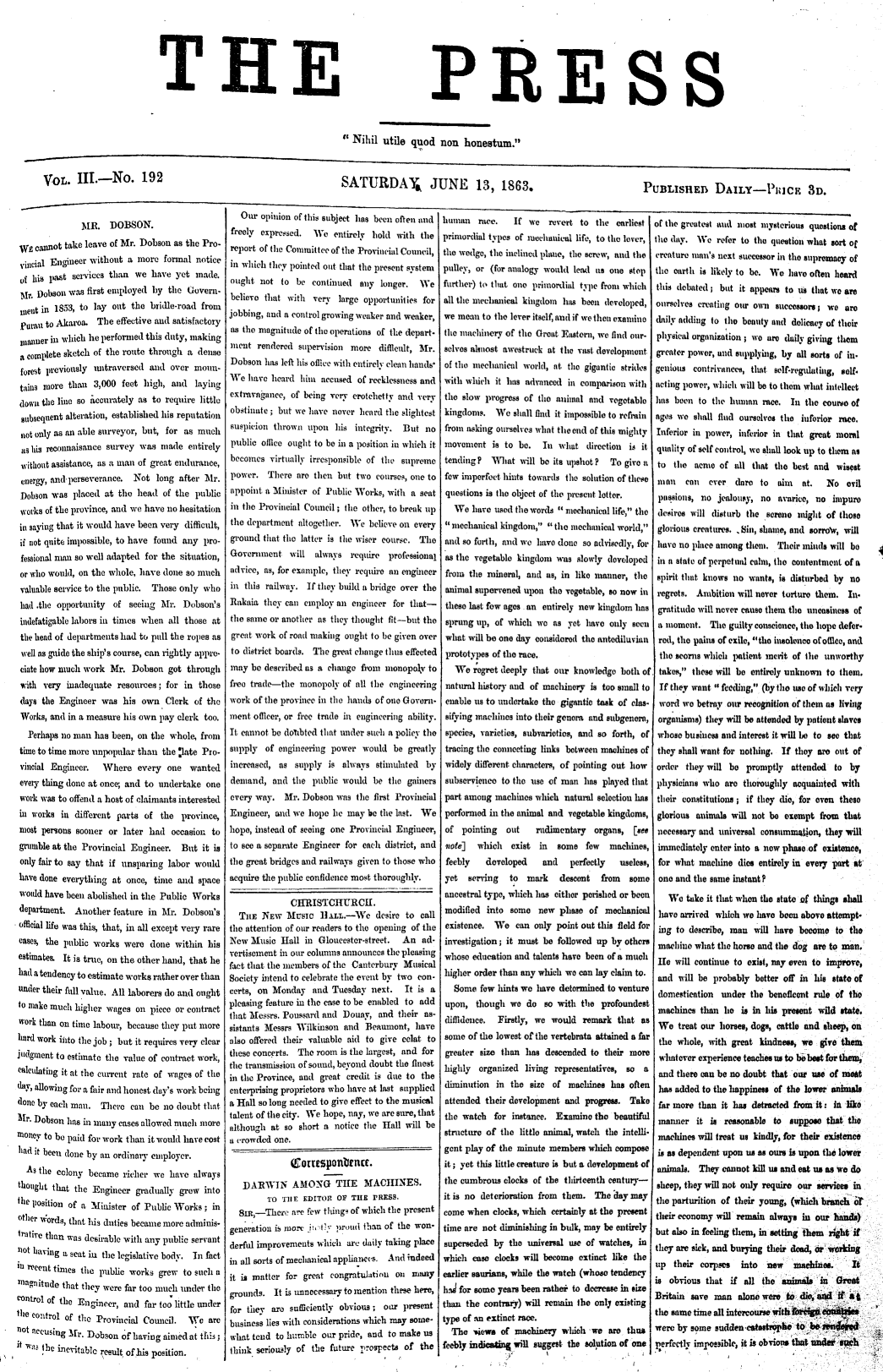 The front page of The Press newspaper from 13 June 1863. Butler’s letter Darwin Among The Machines starts at the bottom of the second column. The letter continued to the end of the first column of the second page (not shown).