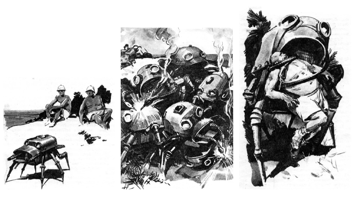 Images taken from the original Russian version of Anatoly Dneprov’s Крабы идут по острову (Crabs on the Island) (Dneprov, 1958), published in 1958. From left to right, the images show three successive stages of the plot, from the inventor’s arrival on the island with colleagues and their release of a single manufactured self-reproducing crab (along with “food” of various types of metal to be distributed around the island), to an evolutionary arms race developing among the growing crab population, to the eventual murder of the inventor by a large evolved crab that has noticed the valuable metal in his false teeth.