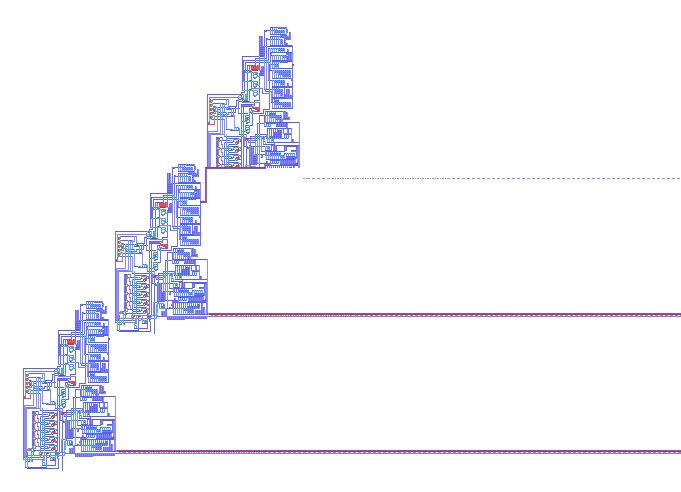 Image from a recent full implementation of a self-reproducing automata based upon von Neumann’s design. This version, from 2008, employs Renato Nobili and Umberto Pesavento’s universal constructor design with tape design by Tim Hutton, and is implemented in the Golly cellular automata software.