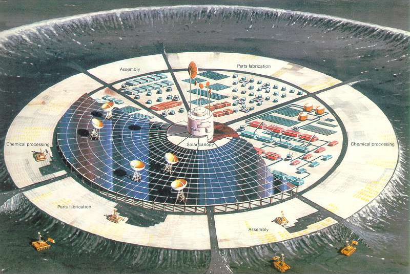 Concept art for a self-growing lunar factory—one of the ideas explored in NASA’s 1980 study of self-reproducing technology for space applications.
